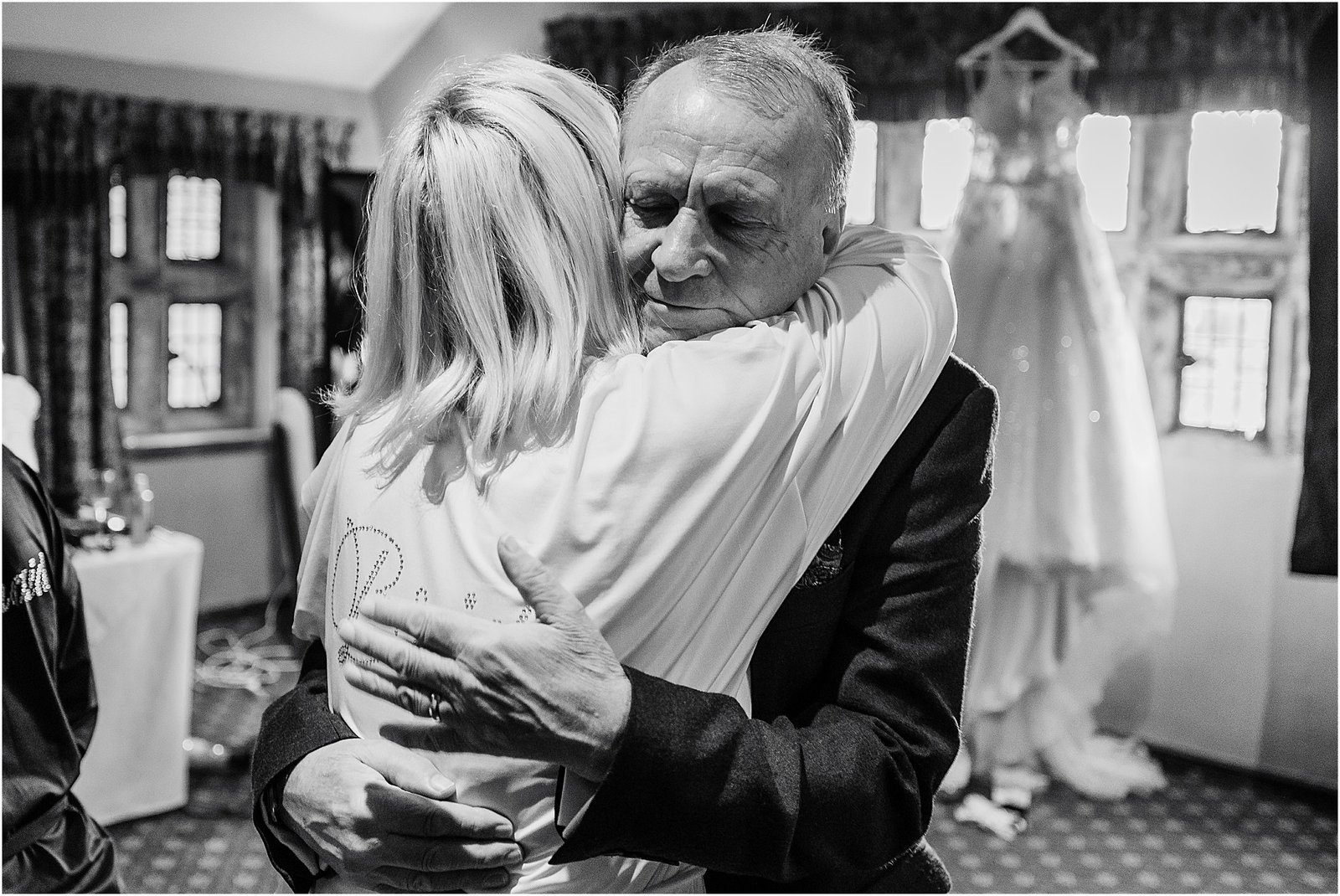 Holdsworth House, Halifax bride dad hugs wedding winter NYE celebrations dad