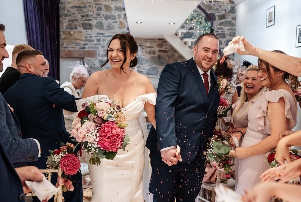 bride flowers Aikwood tower Scotland ceremony confetti