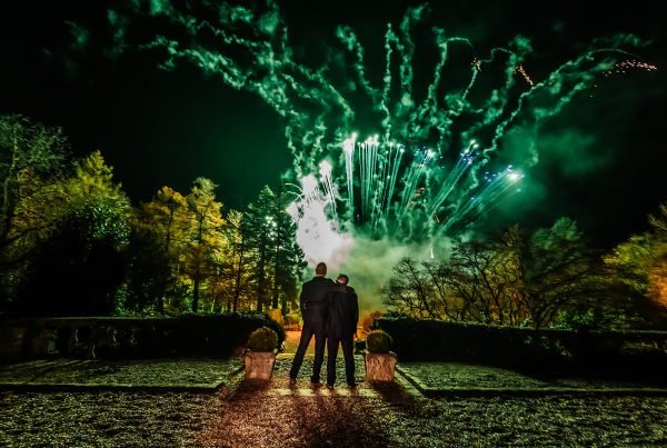 Eaves Hall wedding Same sex fireworks winter colour wedding