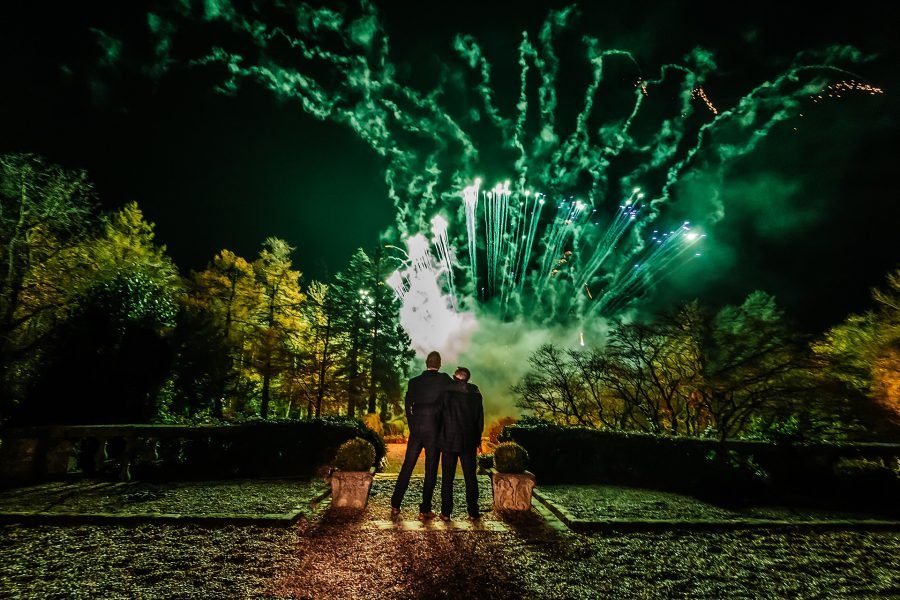 Eaves Hall wedding Same sex fireworks winter colour wedding