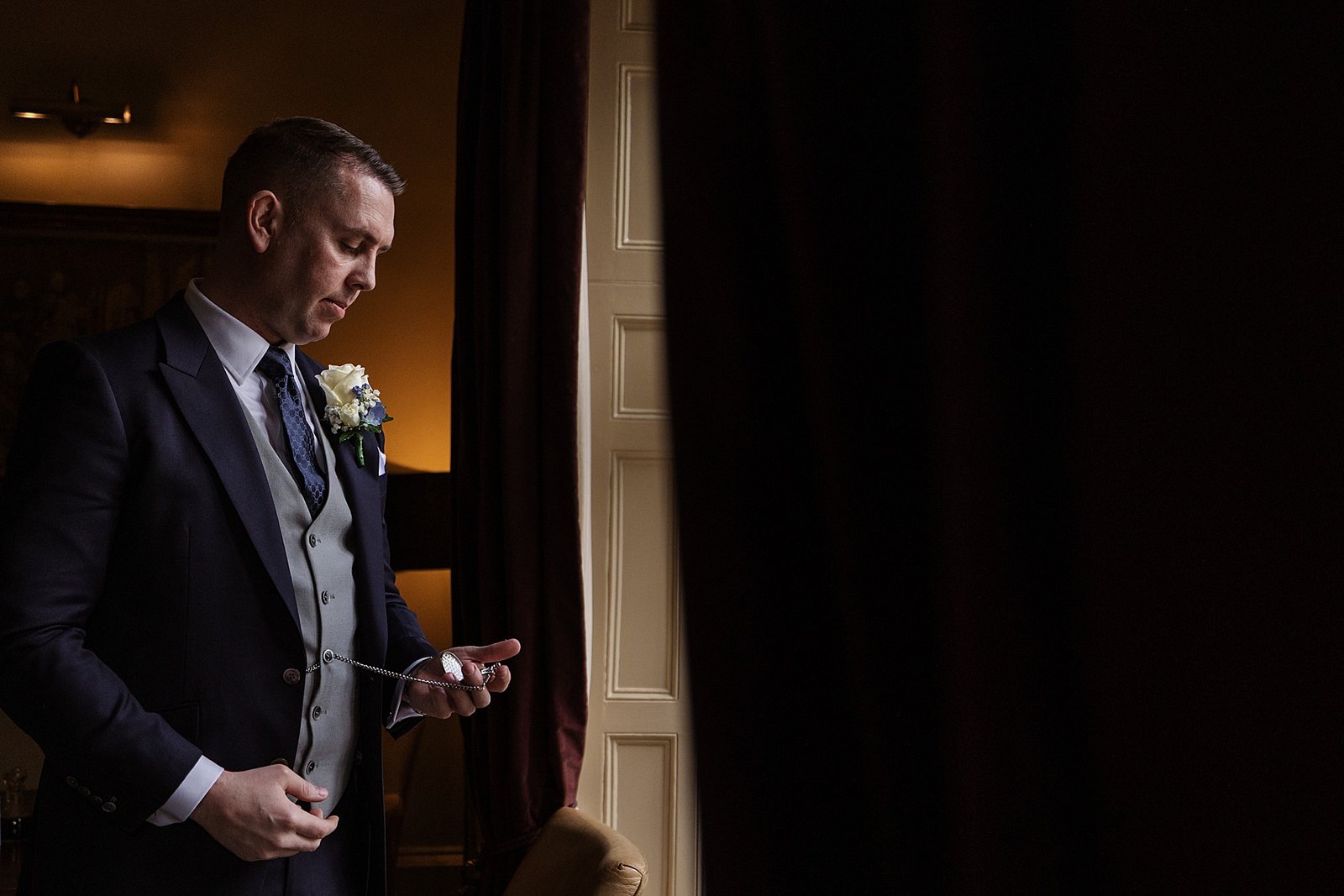 Mitton Hall wedding venue groom waiting in the morning before the ceremony 