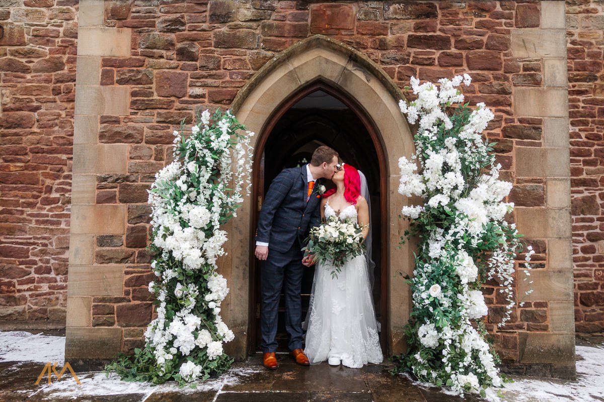 wedding portrait at the church Bashall Barn wedding venue