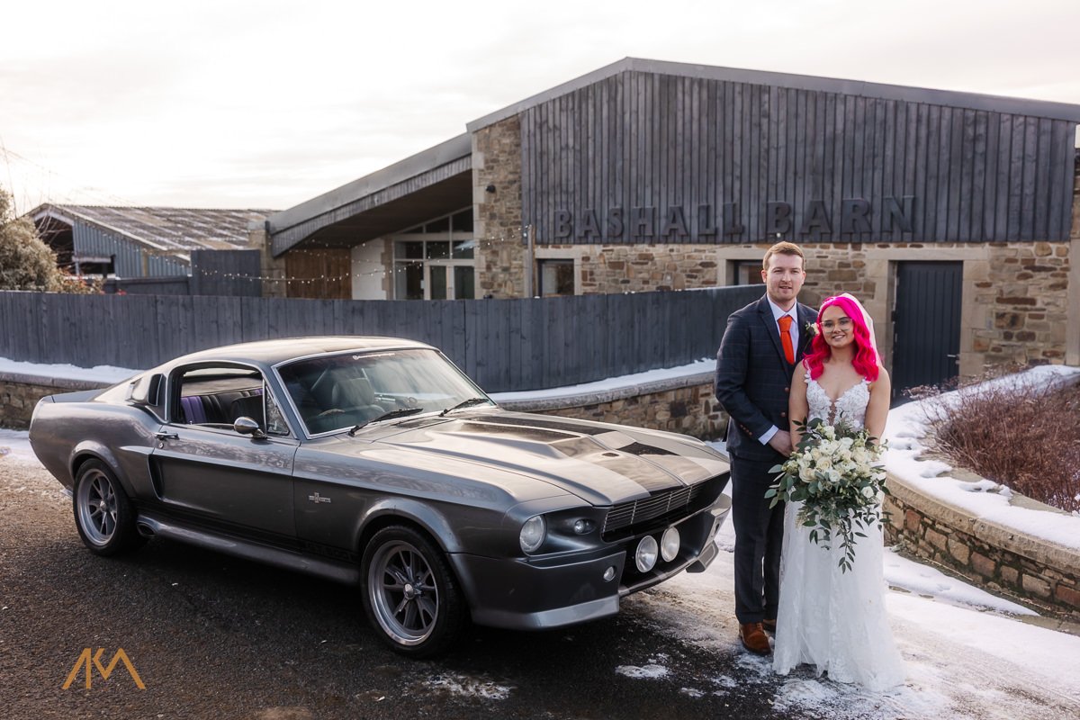 wedding car transport Bashall Barn winter photography