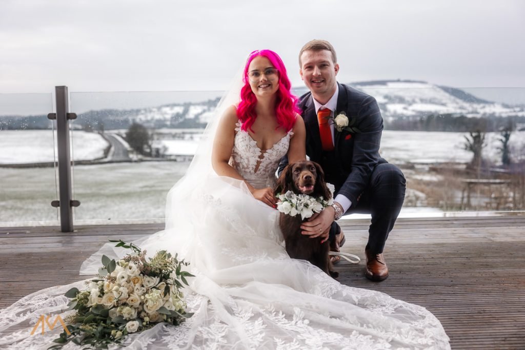 wedding bashall barn winter snow bride groom dogs