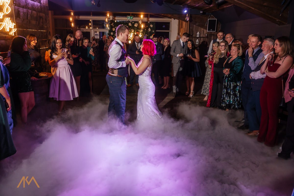 first dance, dance routine Bashall Barn wedding venue dry ice