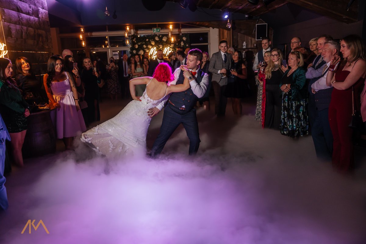 first dance, dance routine Bashall Barn wedding venue dry ice wedding guests love