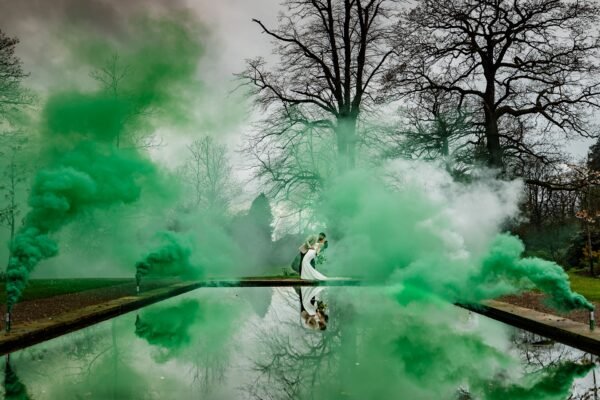 smoke bomb wedding reflection bride groom