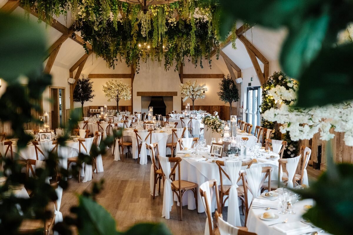 wedding breakfast interior styling candles flowers seat covers