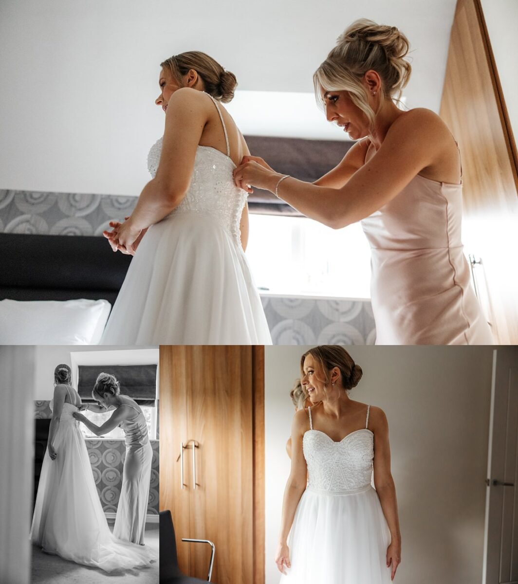 wedding dress makeup bridesmiad helping fasten dress