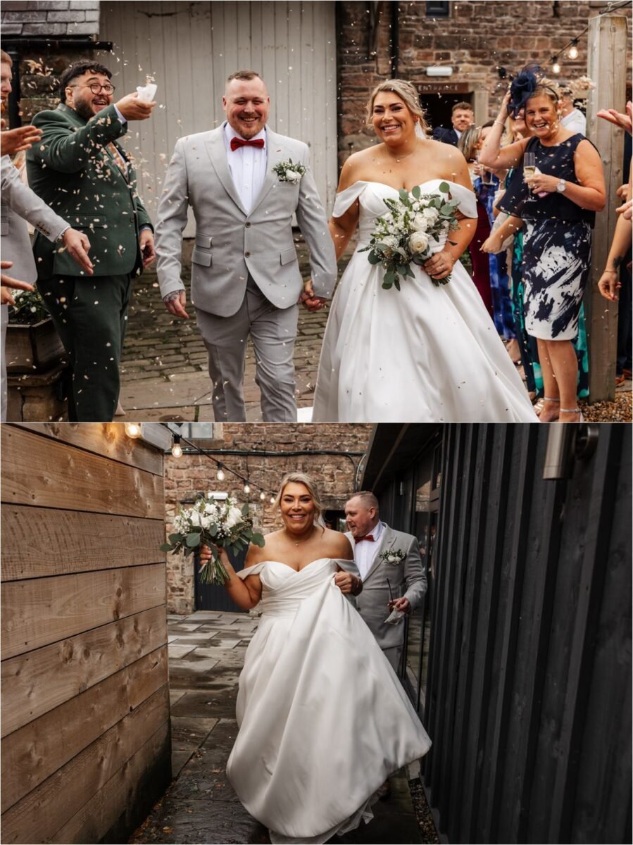 wet confetti photos outside the barn at bashall barn wedding venue
