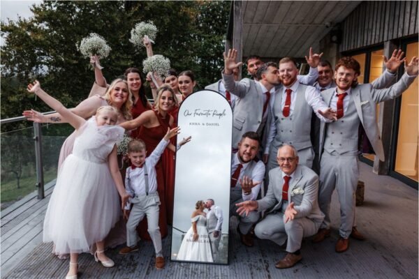winter wedding bashall barn guests mirror bride groom