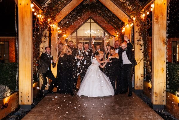 winter wedding bartle hall Champagne spray over guests