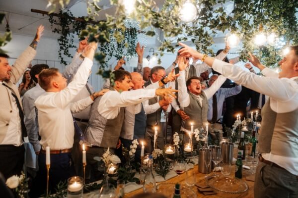 groomsmen dancing singing wedding breakfast bashall barn