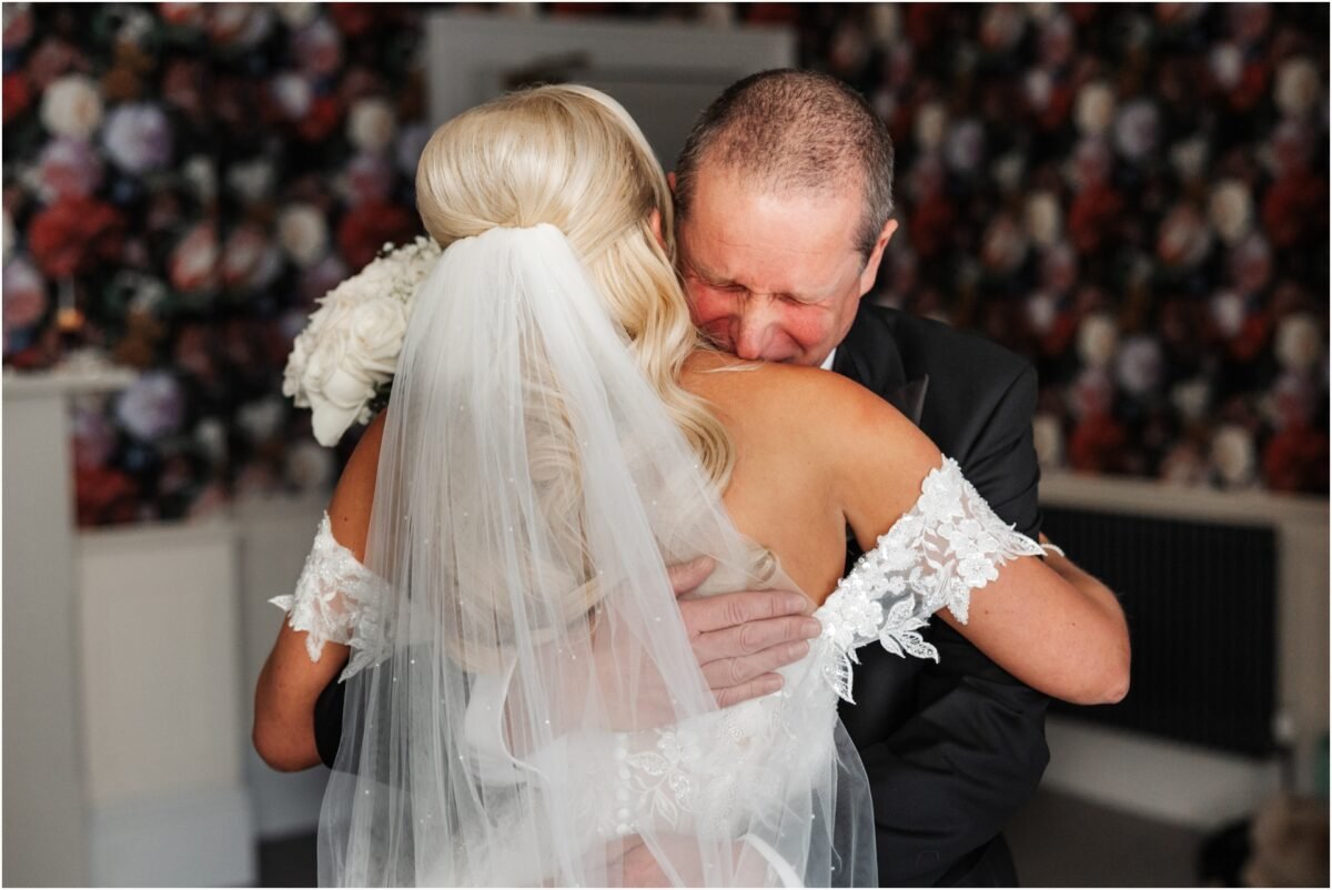 first look farther of the bride bartle hall preston wedding venue