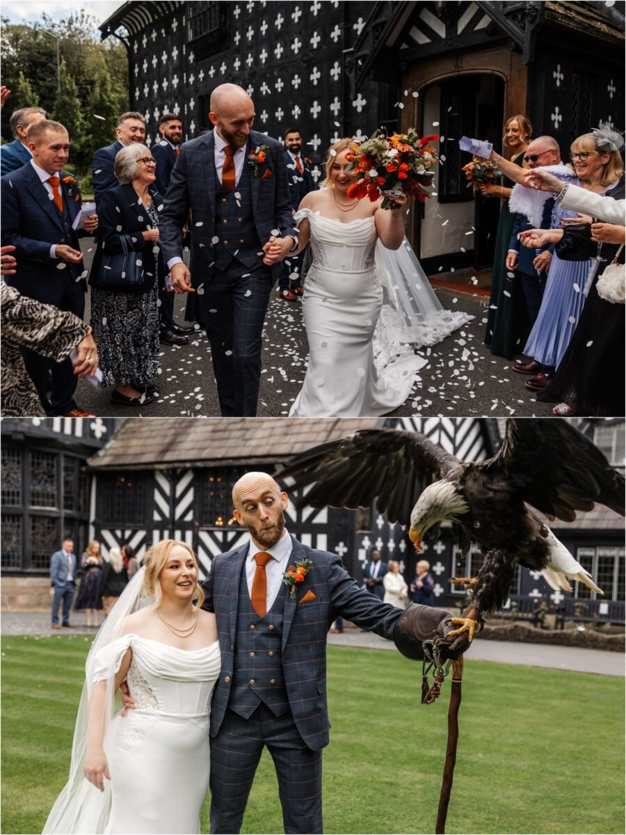 confettii bride groom wedding guests dress Samlesbury Hall lancashire photographer