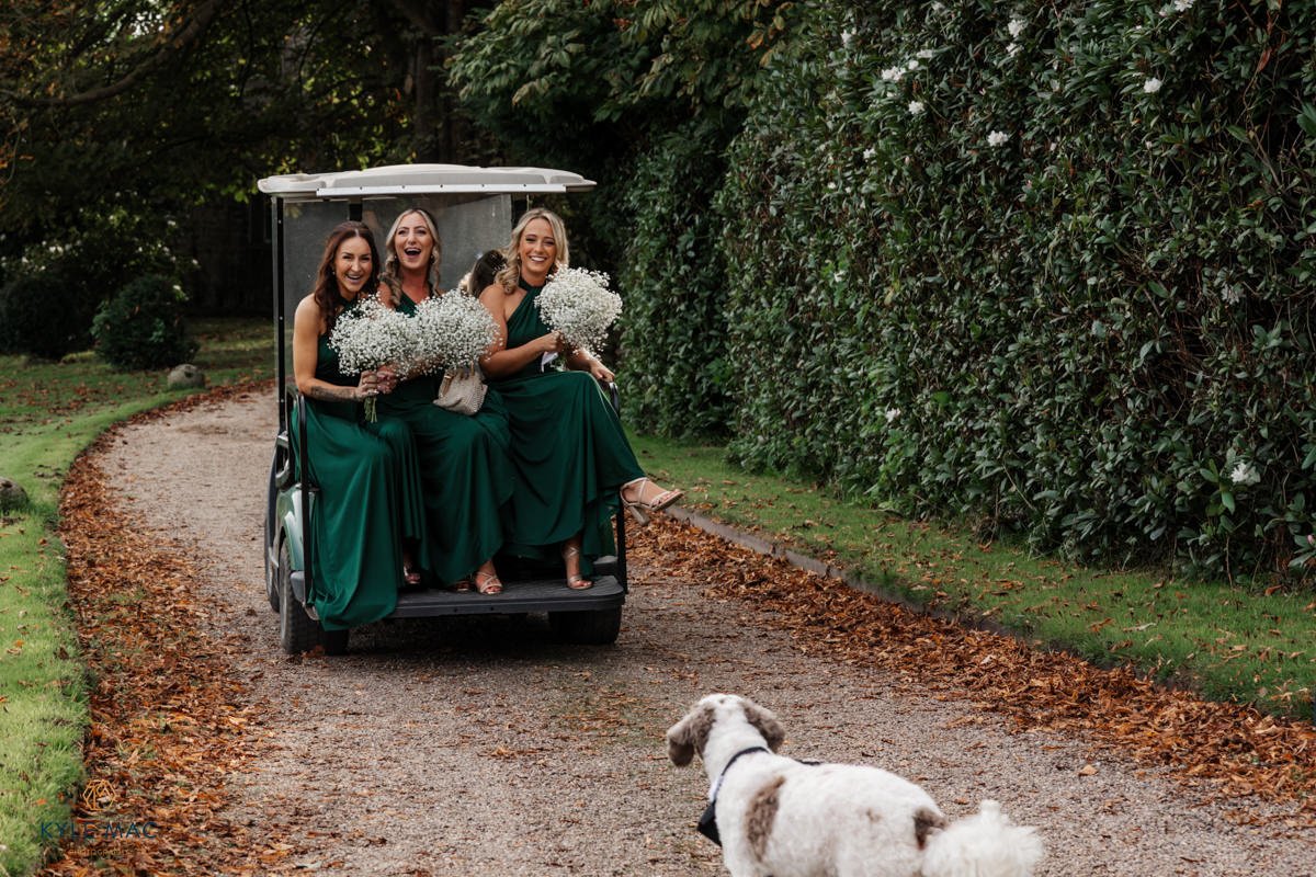 Golf buggy ride around the grounds at Browsholme Hall wedding photography
